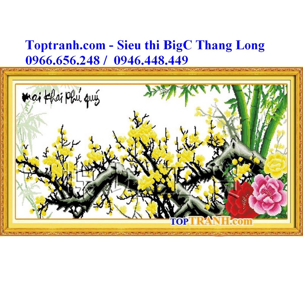 Tranh thêu chữ thập cành hoa mai vàng mai khai phú quý 222397 chưa thêu