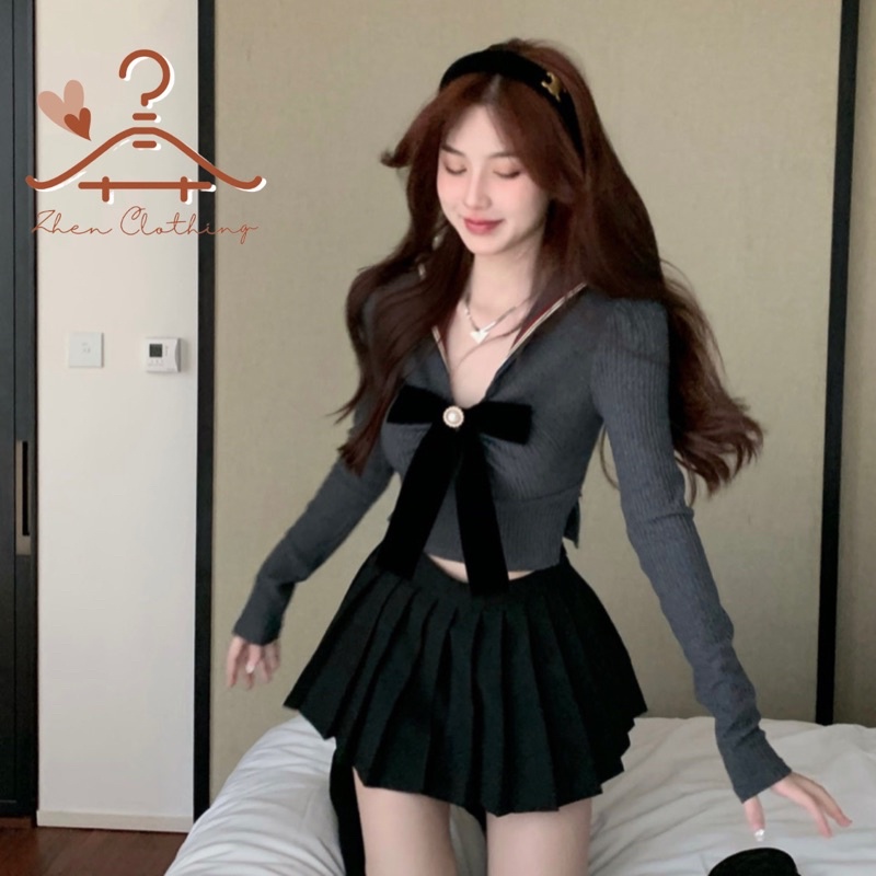 Set áo thun croptop kèm nơ + chân váy xếp li phong cách Hàn Quốc dễ thương