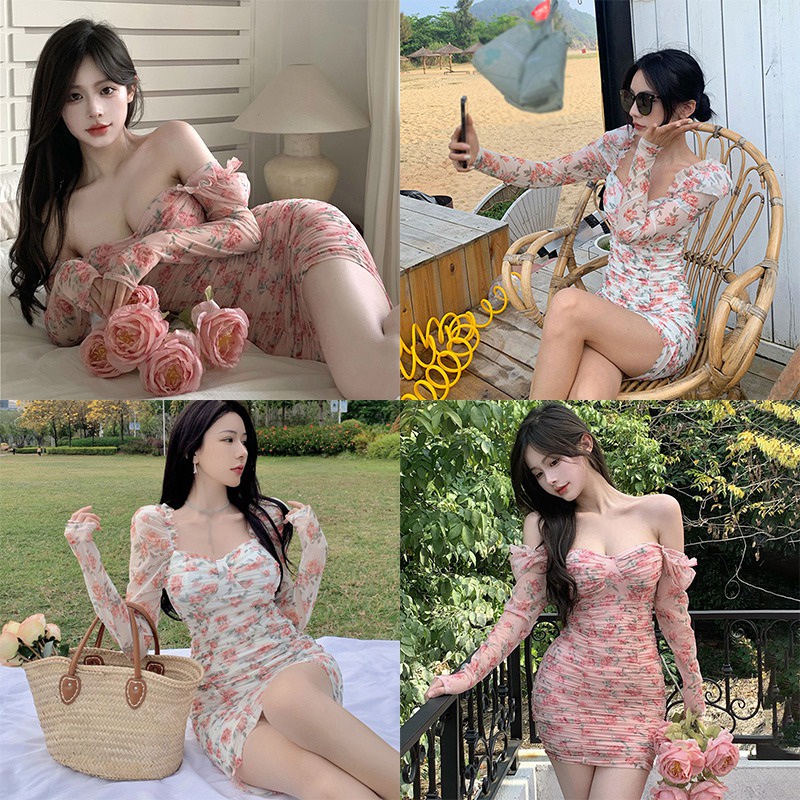 Đầm Lưới Tay Phồng Dài Cổ Vuông Xếp Ly Quyến Rũ Thời Trang Hàn Quốc Cho Nữ