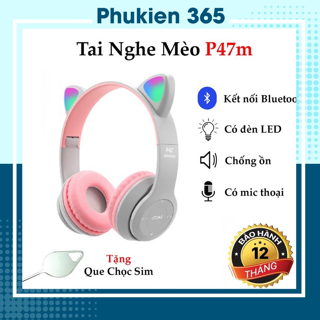 Tai Nghe Không Dây Bluetooth Tai Mèo P47M , Tai Nghe Không Dây Chụp Tai -Chống Ồn - Có Mic -Đệm Tai Êm -Tích Hợp Đèn Led