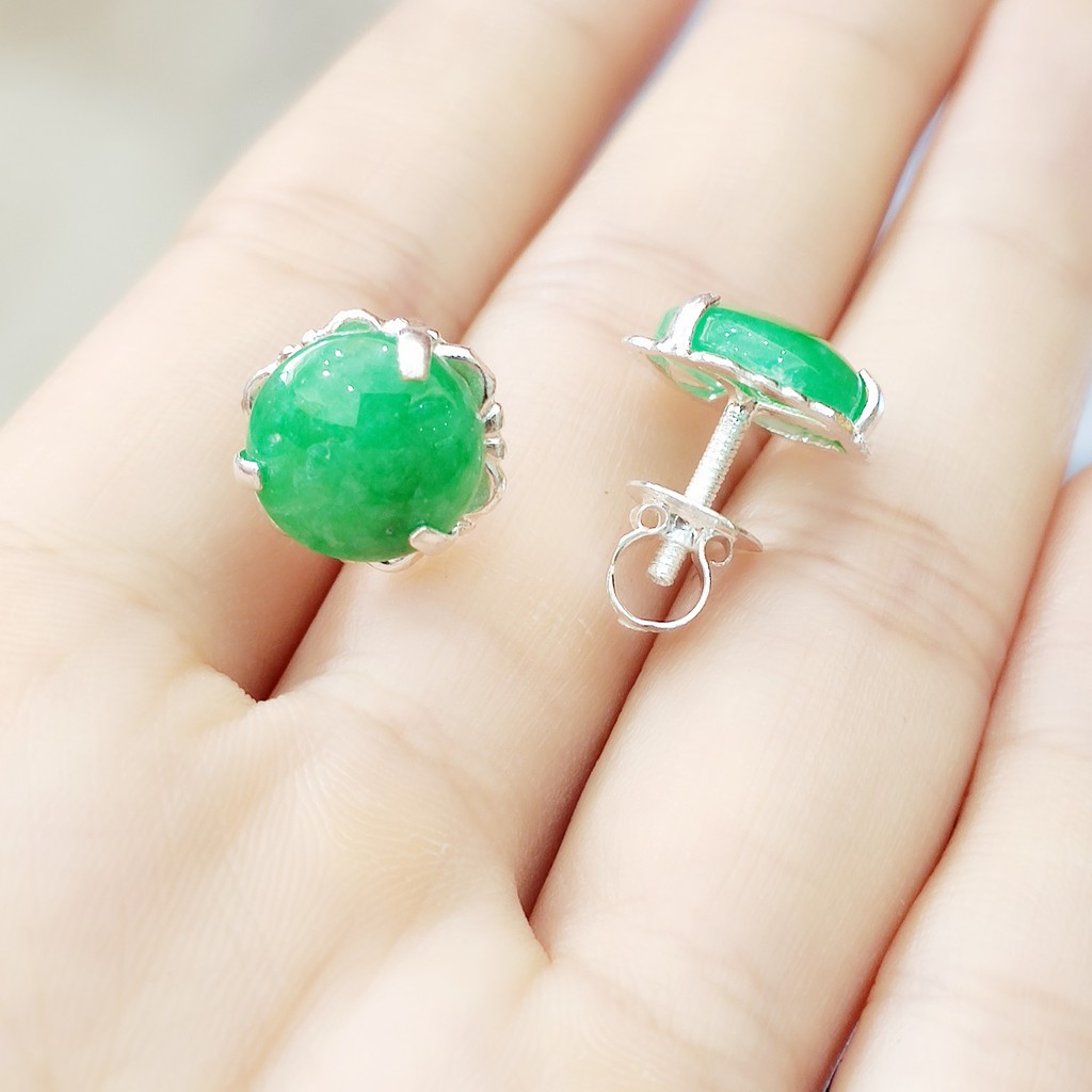 Bông tai bạc Nụ mặt ngọc xanh cho mẹ cho bà Van Jewelry V10606