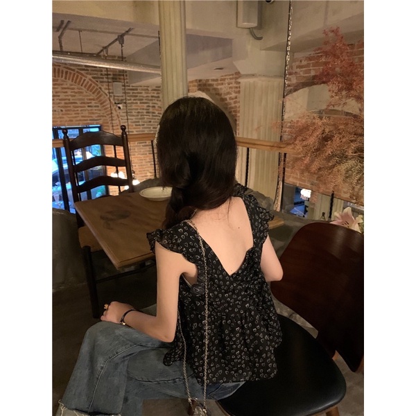 Áo babydoll hai dây đen hoạ tiết trái tim dễ thương Daliah Top Yannie
