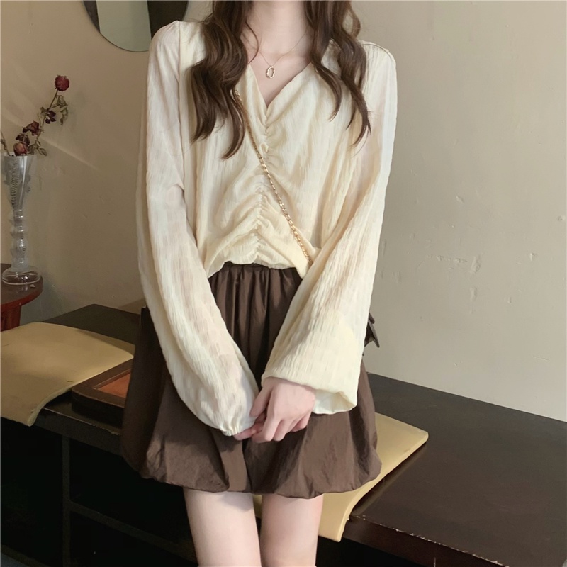 Set Áo Sơ Mi Tay Dài/Quần Short Lưng Cao Co Giãn Tốt Cổ Chữ V Xếp Ly 49437