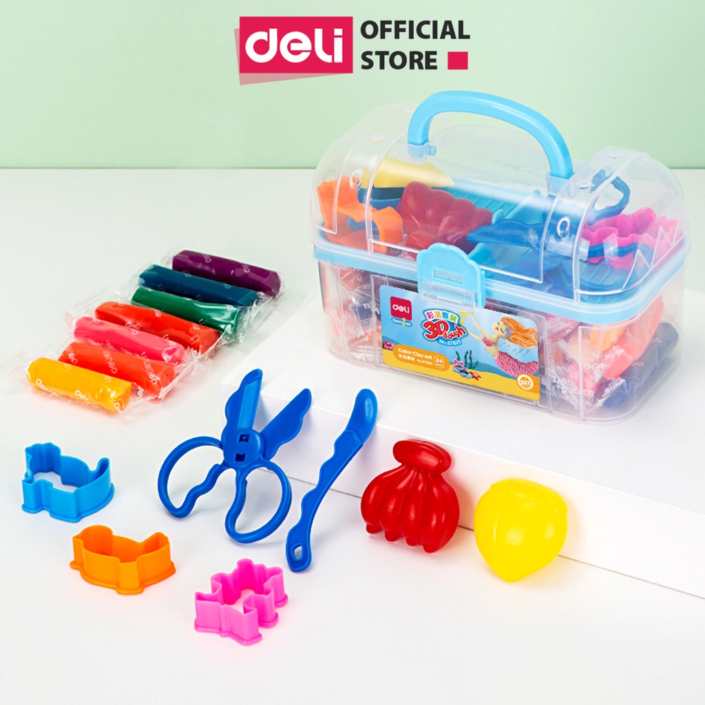 Bộ đất sét nặn 3D Deli 24 màu - Chất liệu an toàn cho trẻ nhỏ, màu sắc tươi sáng đa dạng, kèm phụ kiện khuôn nặn