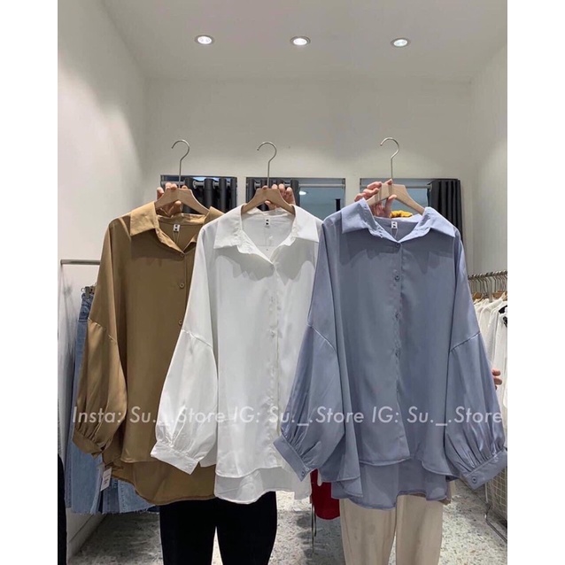 Áo sơ kiểu kiểu nữ Anhribi, Áo sơ mi lụa cổ đức tay bồng dáng dài cách điệu phong cách đơn giản