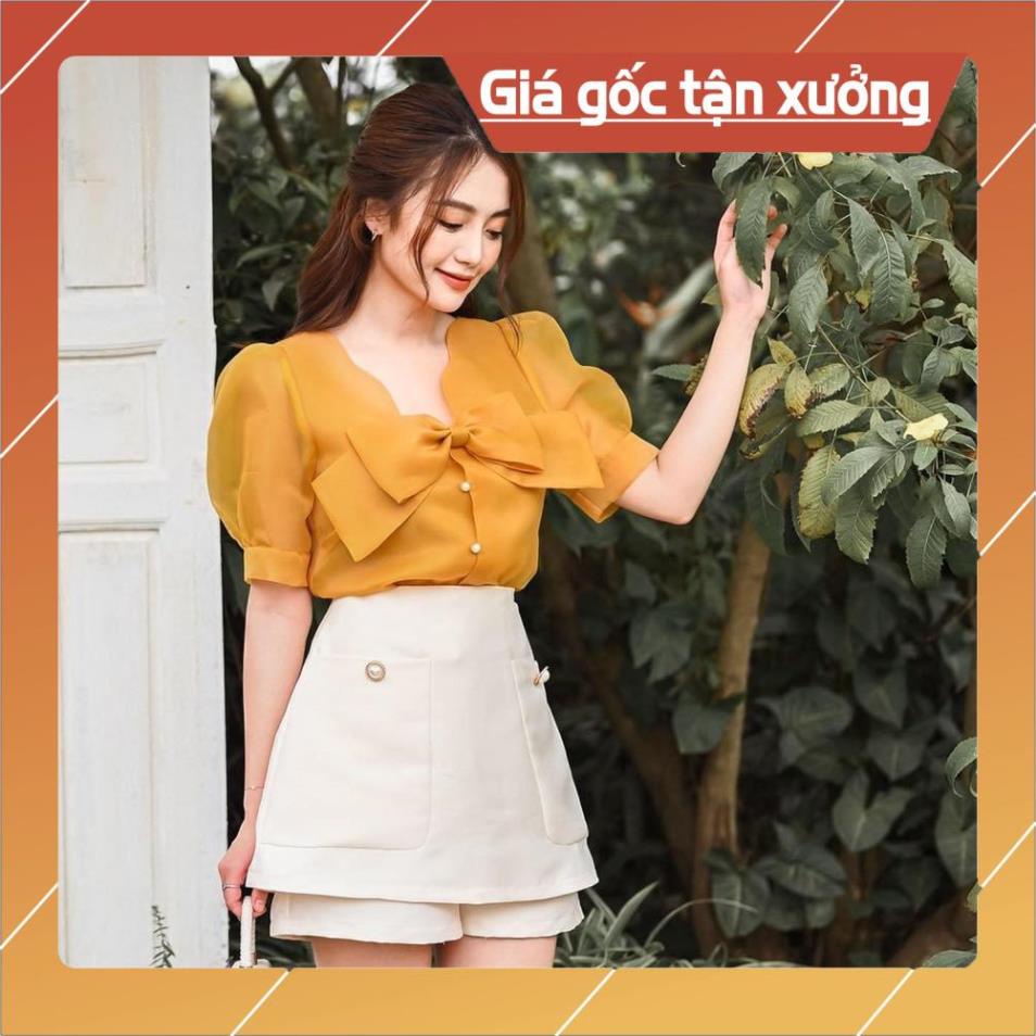 [Chất lượng số 1] Áo sơ mi công sở nữ- Áo sơ mi tơ lưới tay bồng cổ đính nơ thời trang | BigBuy360 - bigbuy360.vn