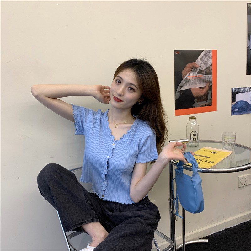 Áo cardigan tay ngắn phối ren dáng ôm cổ chữ V dành cho nữ | BigBuy360 - bigbuy360.vn