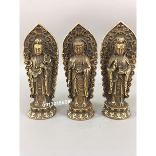Bộ Tượng Tam thánh bằng đồng thau cỡ trung, 3 bức tượng tam thế bằng đồng thau cỡ trung 18cm.