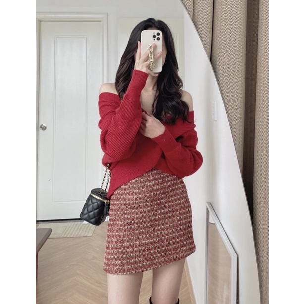 (ảnh thật) Audrey Chân váy dạ tweed đỏ 991