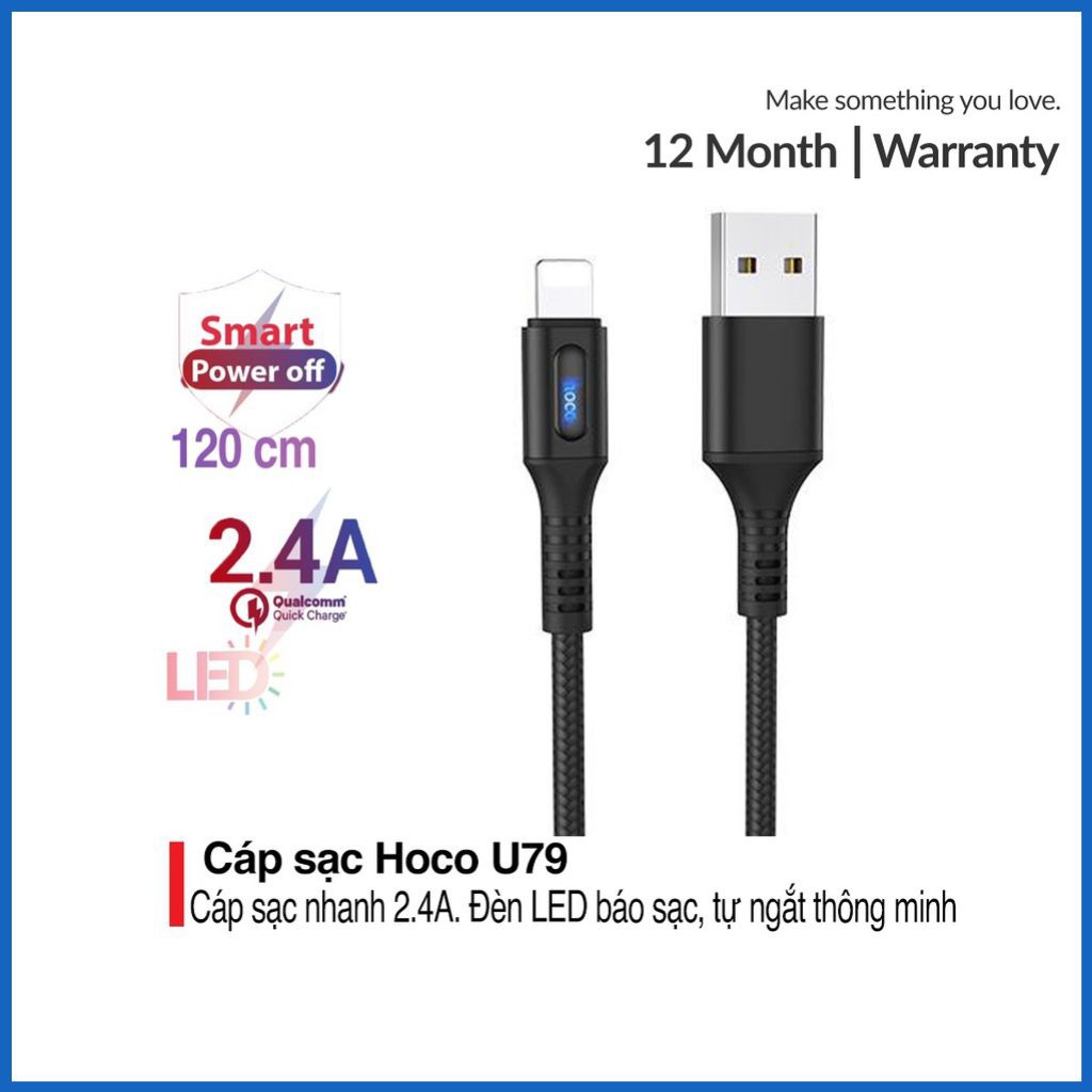 Cáp Sạc Tự Ngắt Thông Minh Hoco U79 Hỗ Trợ Sạc Nhanh cho Iphone - Micro usb - Type C Dài 1.2M Bảo Hành 3 Tháng