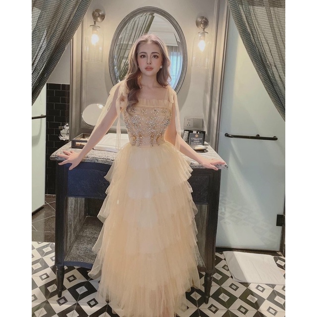 Đầm xoè xếp tầng hai dây nơ vai kết đá sang trọng TRIPBLE T DRESS - size M/L - MS350V