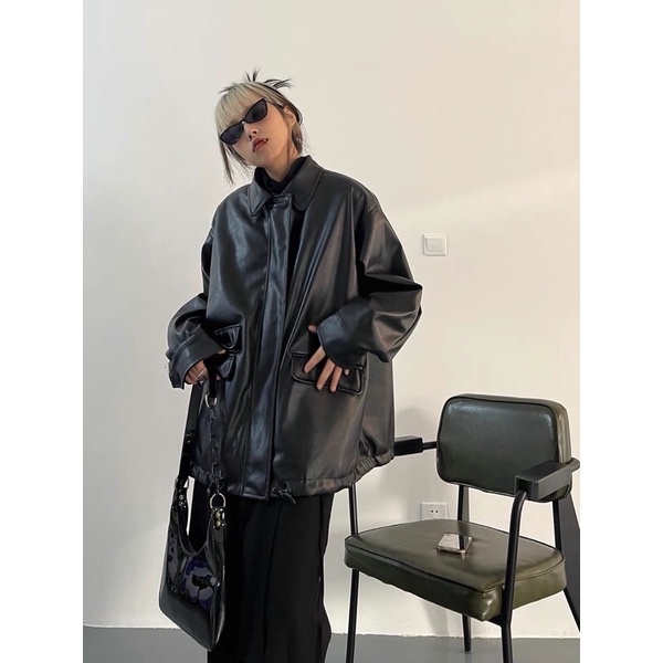 Áo khoác da phối túi