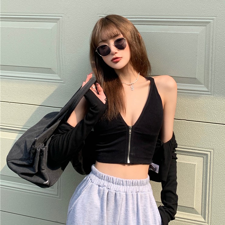 Cocory vn Áo Croptop Hai Dây Cổ Chữ V Màu Trơn Phối Khóa Kéo Quyến Rũ