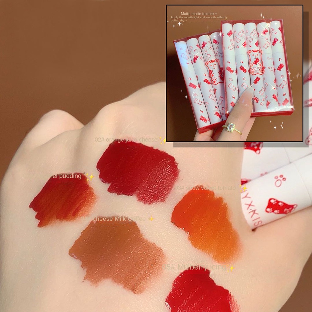 Bộ Son Kem Lì Mịn Mượt Như Nhung Chống Dính Cốc Thiết Kế Hoạt Hình Gấu Dễ Thương