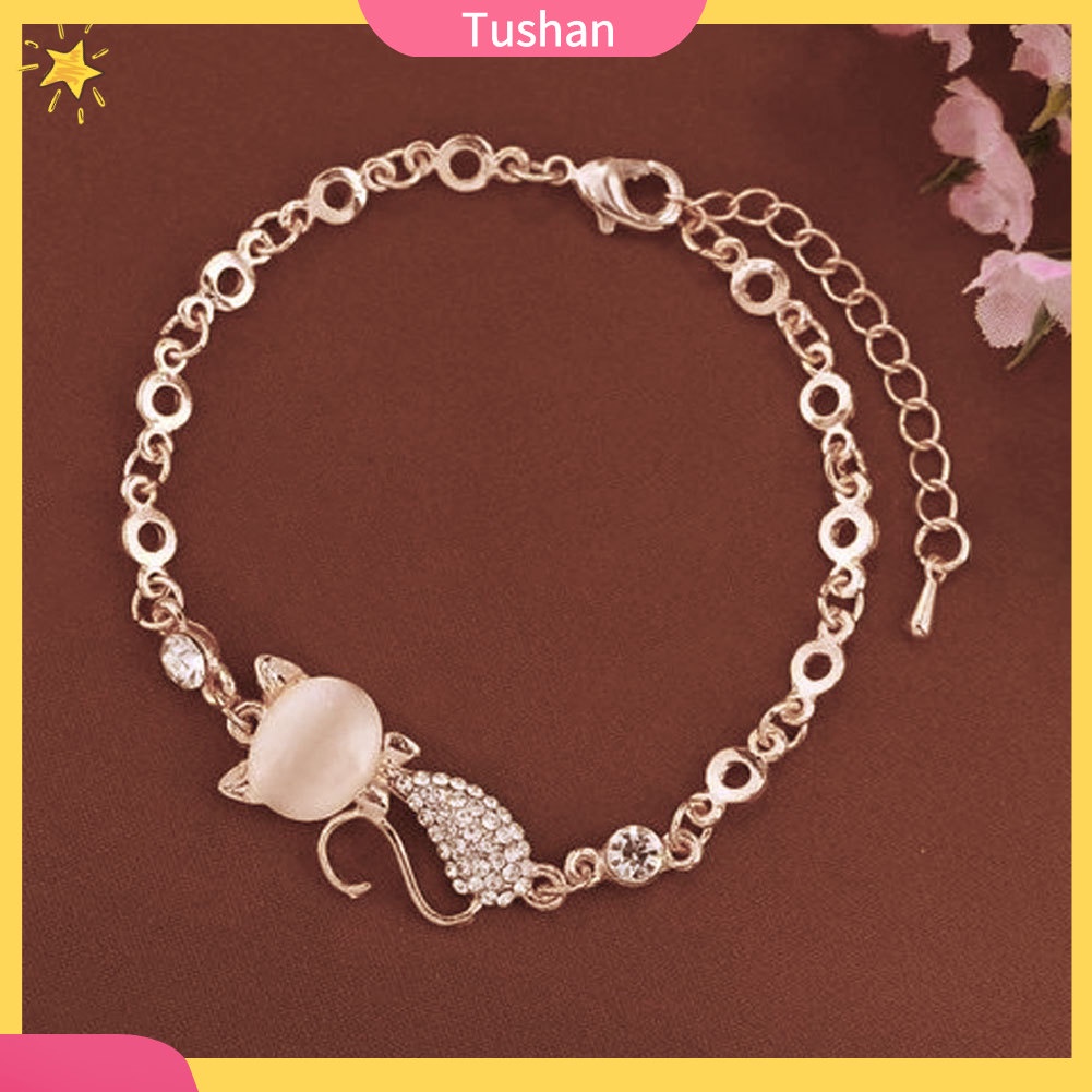 TUSH_Fashion Cat Shape Faux Opal Rhinestone Inlaid Charm Lady Bangle Bracelet Jewelry
