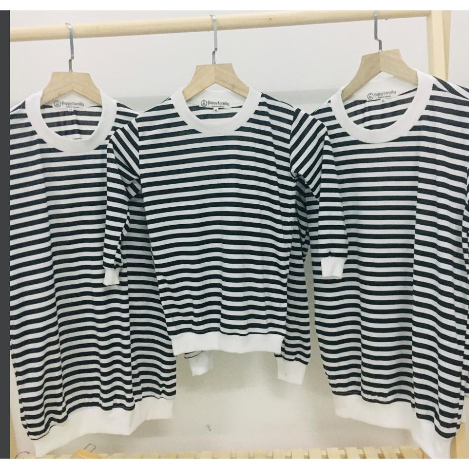 Áo Hoodie Gia đình Cotton da cá (Hình thật chất áo + Logo Thương hiệu) Sọc trắng đen tay dài cute