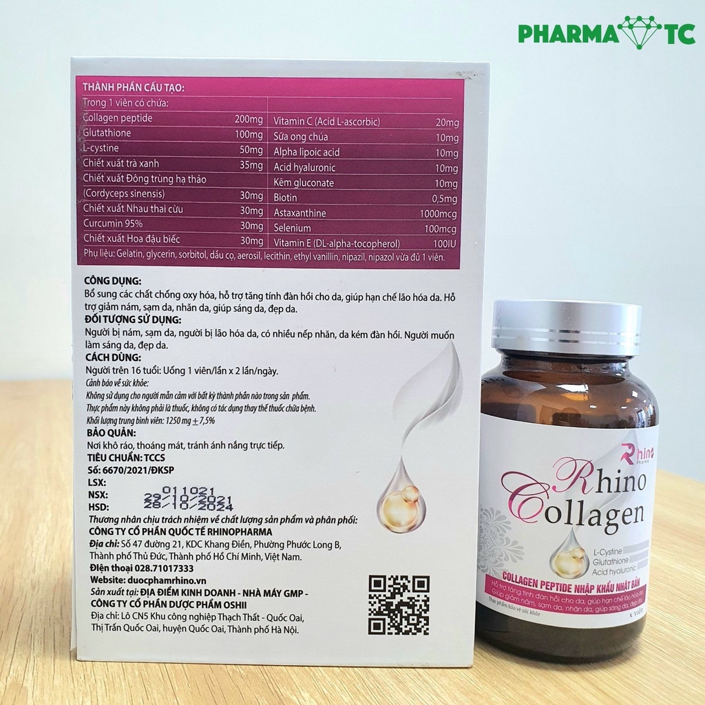 Viên uống Collagen Rhino, sáng da, đẹp da với Collagen peptide và Glutathione - Hộp 30 viên - PharmaOTC