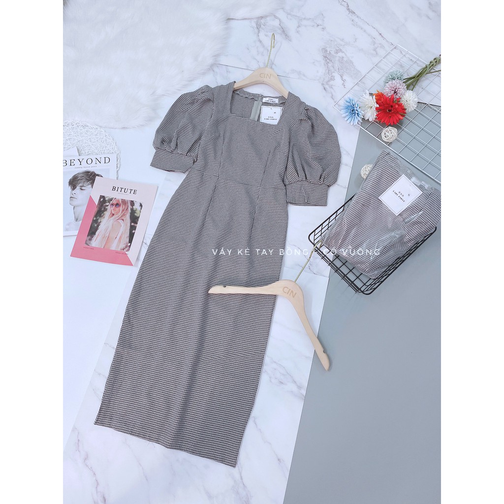 < MAXI > VÁY KẺ TAY BỒNG MIX CỔ TIỂU THƯ | BigBuy360 - bigbuy360.vn