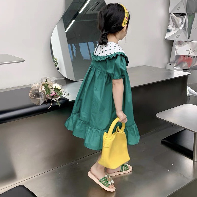 Váy Bé Gái-❤V0035❤Đầm cho bé chất liệu thô giấy lạnh cao cấp. váy công chúa màu xanh cổ chấm bi