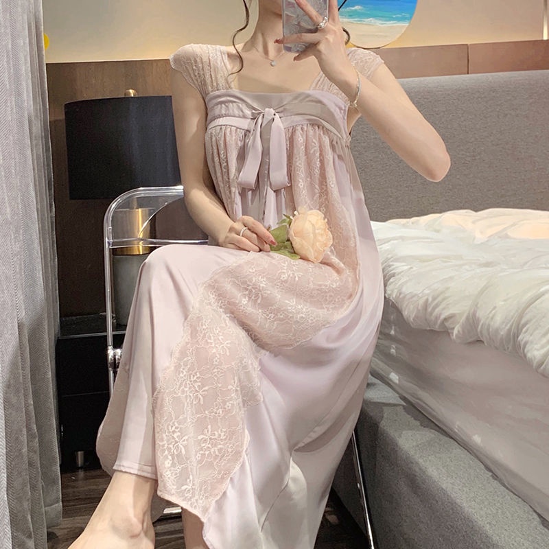 Cổ Phiếu Sẵn Sàng❣Ah F &amp; X Đầm Ngủ Công Chúa Hai Dây Dáng Dài Phối Ren Đính Nơ Kiểu Công Chúa Ngọt Ngào Mùa Hè Retro Mặc Nhà Cho Nữ