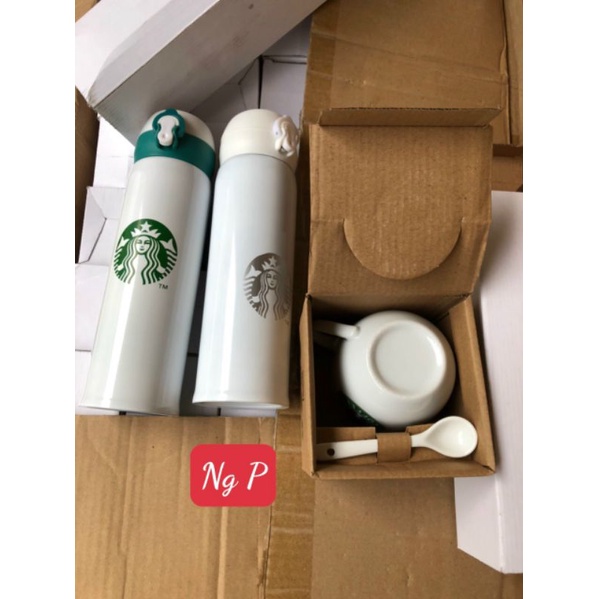 Set bình giữ nhiệt Starbuck, cốc sứ kèm thìa, inox 304 giữ nhiệt tới 12h