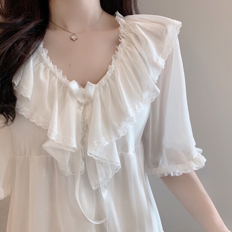 bộ mặc nhà ren trắng tiểu thư