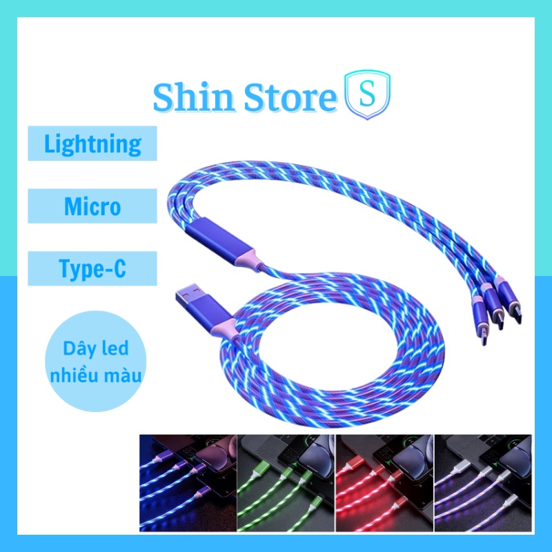 Cáp sạc nhanh 3 đầu 1m2 type-c micro dây LED cho iP/Xiaomi/Samsung/Huawei/Oppo/Vivo