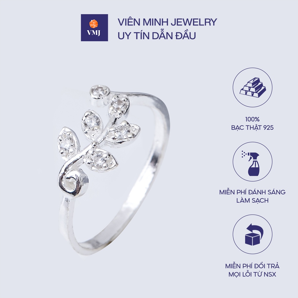Nhẫn bạc nữ VMJ, nhẫn nữ bạc 925 cao cấp, nhẫn bạc 925, nhẫn hở nữ chiếc lá nạm đá - VMJ73