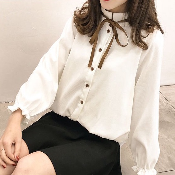 Áo sơ mi nữ trắng dài tay đính nơ cổ đứng babydoll bo chun, Áo sơ mi nữ trắng dài tay bồng cổ buộc nơ siêu xinh
