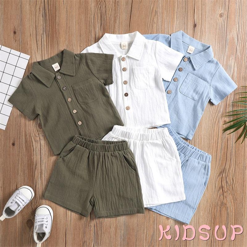 Set Đồ 2 Món Gồm Áo Tay Ngắn Cổ Bẻ Màu Trơn + Quần Short Cho Bé Trai