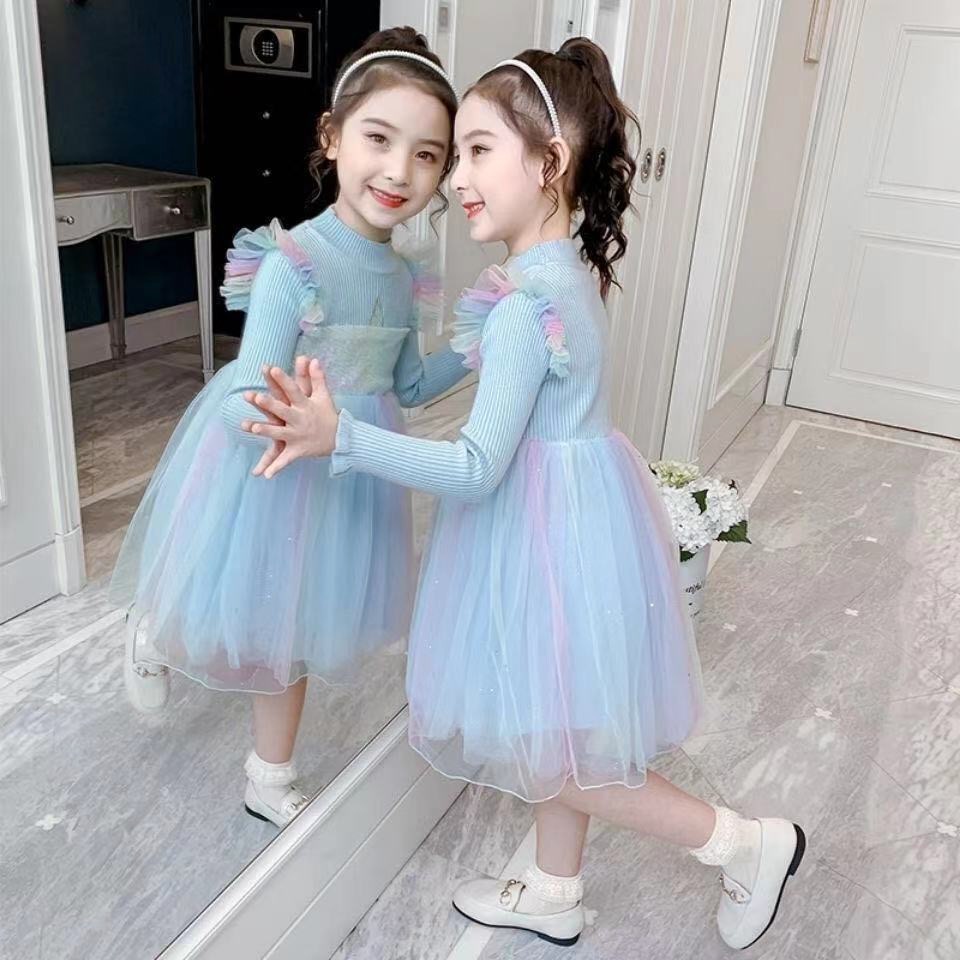 Váy len dài tay cầu vồng nhiều màu cho bé gái (Cao 90-140cm, nặng 10-30kg) N01019