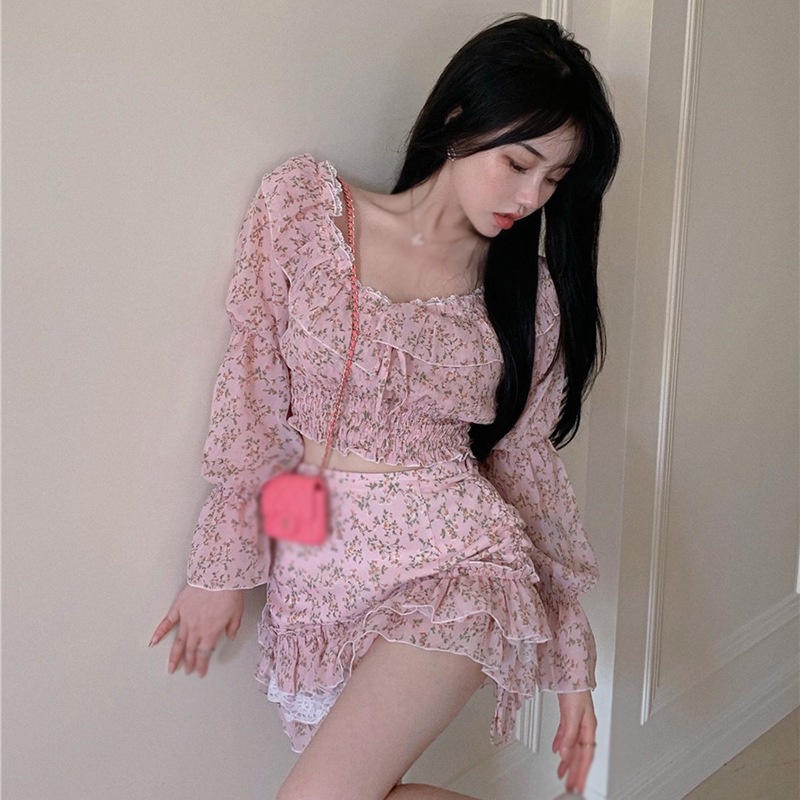 Set Áo Kiểu Hở Rốn Phối Ren Hoa + Chân Váy Lưng Cao In Họa Tiết Hoa Thời Trang Cho Nữ