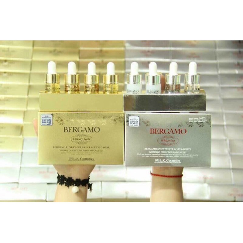 Serum Bergamo Snow White Whitening Perfection và Bergamo Luxury Gold Collagen &amp; Caviar 13ml x 4 ống