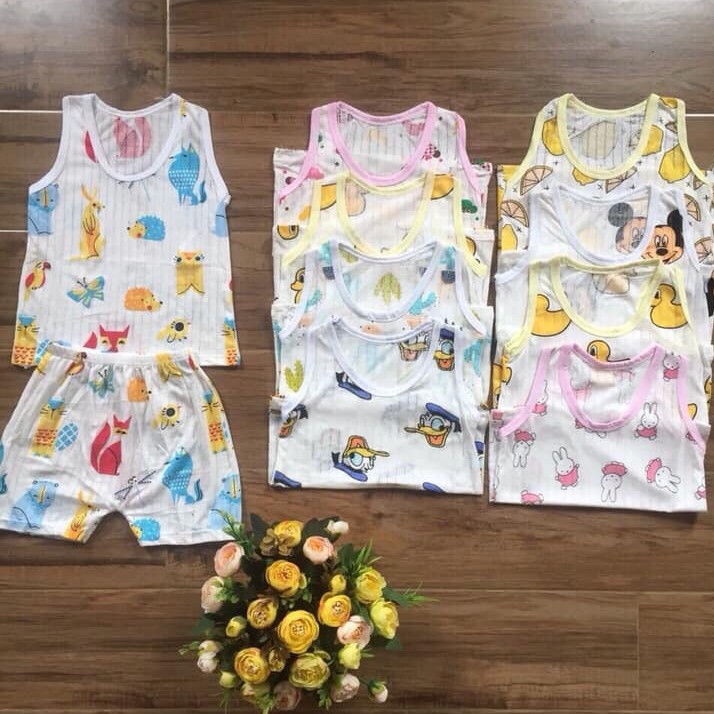 Bán sỉ Bộ cộc sát nách cotton giấy thông hơi siêu mỏng cho bé từ 0-15 tháng (Trộn mẫu bé trai bé gái)