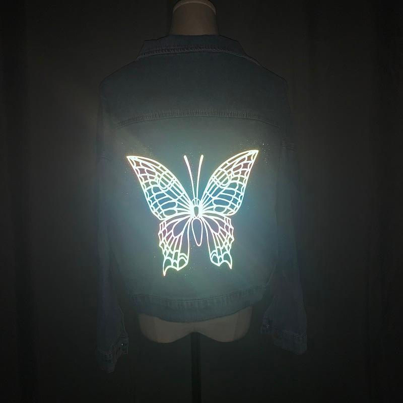 Korean Beauty Illuminate Butterfly Short Denim Jacket for Woman Casual Long Sleeved Loose Cropped Jeans Jacket Spring Autumn