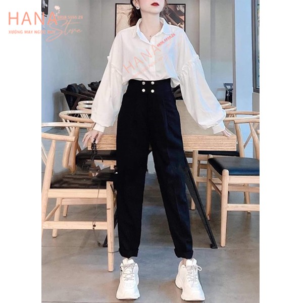 Quần baggy cạp cao 4 cúc bấm màu đen nữ - Dáng quần baggy công sở dài mặc đi làm công sở học sinh đi học - Vải Vitex dày | BigBuy360 - bigbuy360.vn