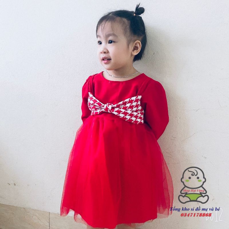 Váy bé gái - Váy dạ nhung nơ ngực siêu xinh cho bé 1-5 Tuổi