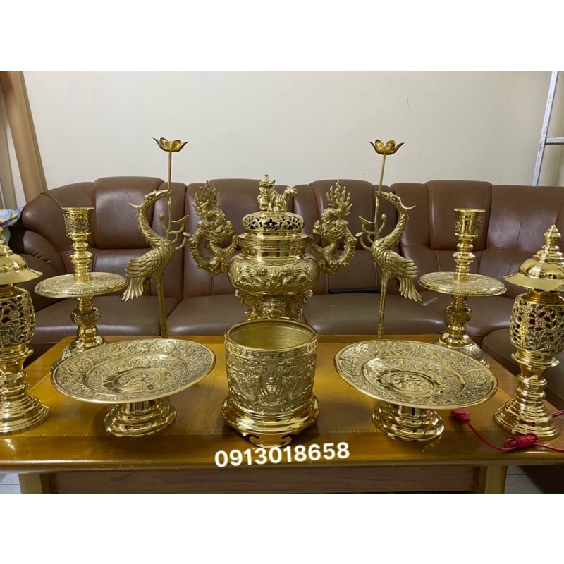 Combo bộ đỉnh thờ lư hương cao 50cm bằng đồng nguyên chất đỉnh hạc nến tam sự ngũ sự bộ đồ thờ bằng đồng