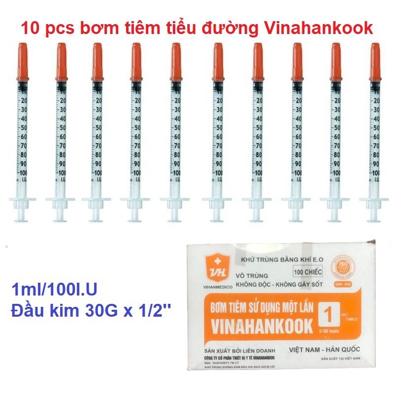 Bơm Tiêm Tiểu Đường Vinahankook 1cc Insuline hộp 100 cây
