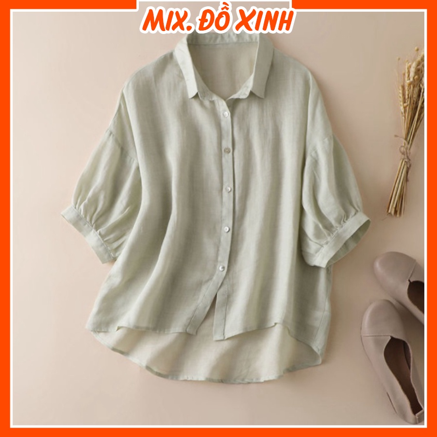 Áo sơ mi đũi nữ tay lỡ cổ đức form rộng bigsize Thu Hà chất liệu vải mềm mát SMH.38