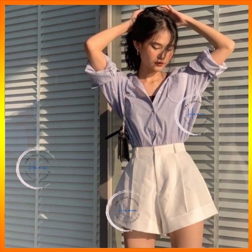 Quần Short Đùi Ống Rộng Lưng Cao Cạp Cúc Dáng Xòe Tiểu Thư Nữ Tính Gập Gấu Hanva