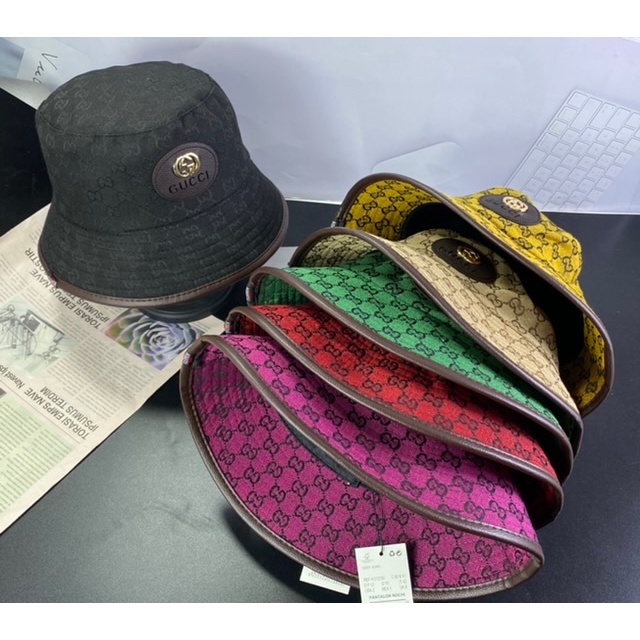 mũ vành G/c hàn quốc - nón bucket lụa viền da logo sắt guzzzi cực xinh thời trang