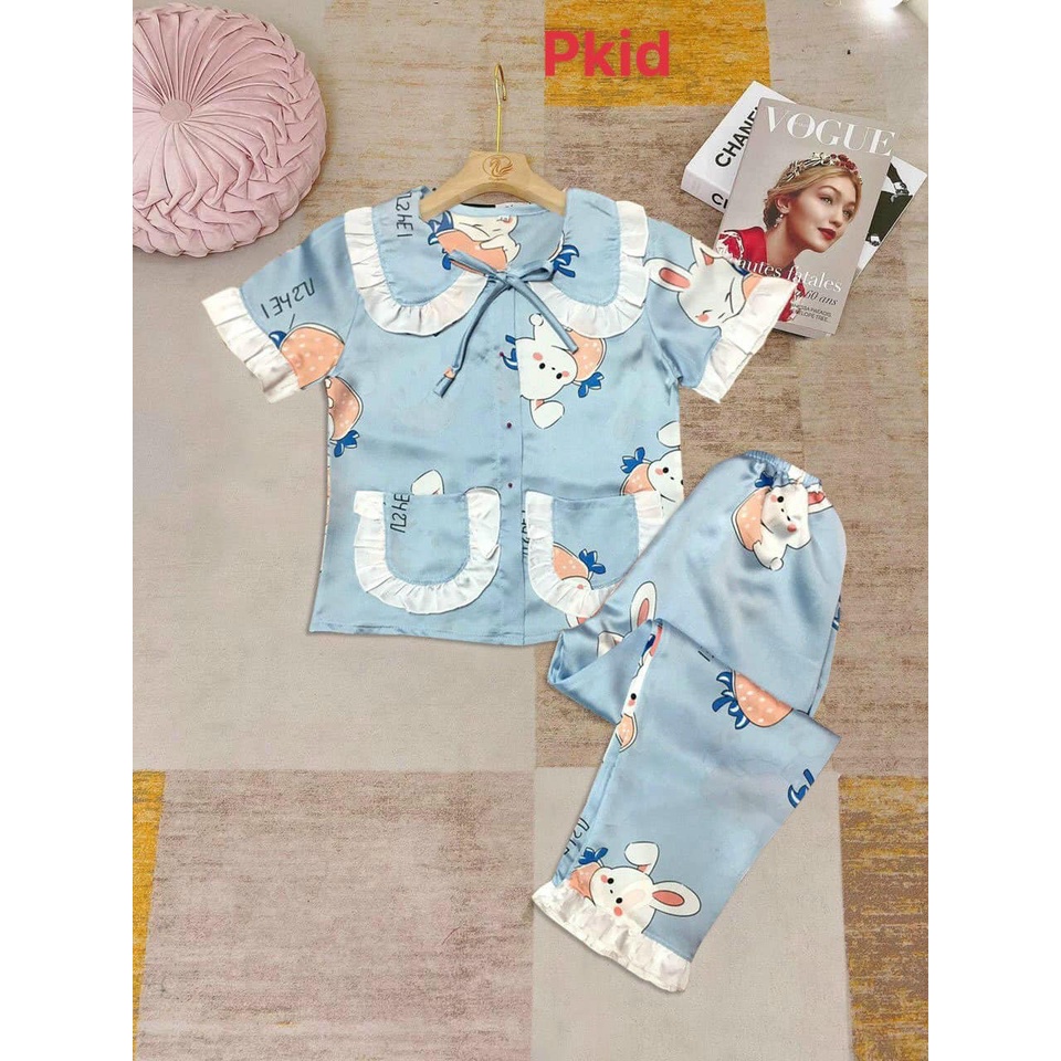 Bộ pijama tay ngắn quần dài satin lụa cho bé gái