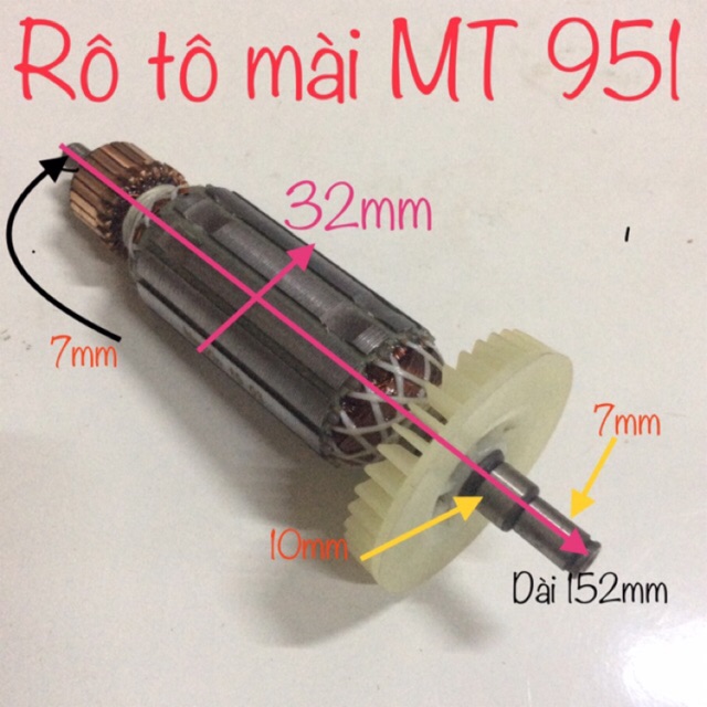 ROTOR MÁY MÀI MT 951 LOẠI 100mm - CHIỀU DÀI 152mm THÂN 32mm BẠC ĐẠN ĐẦU 10mm ĐUÔI 7mm