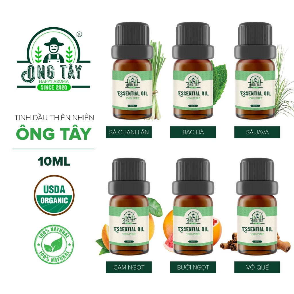 Tinh dầu hữu cơ Organic ÔNG TÂY mẫu thử dung tích 10ml Xá Xị/Sả Chanh/Bạc Hà/Xá Xị/Cam Ngọt/Sả Java/Quế/Café