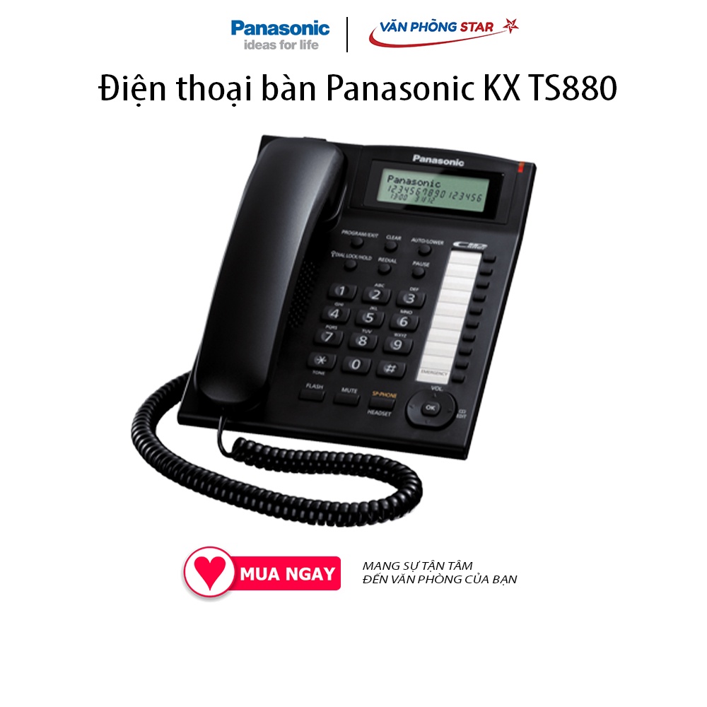 Điện thoại bàn Panasonic KX TS880. Màn hình LCD hiển thị só gọi đến. Danh bạ 50 số. Gọi nhanh bằng 1 phím bấm: 20 số