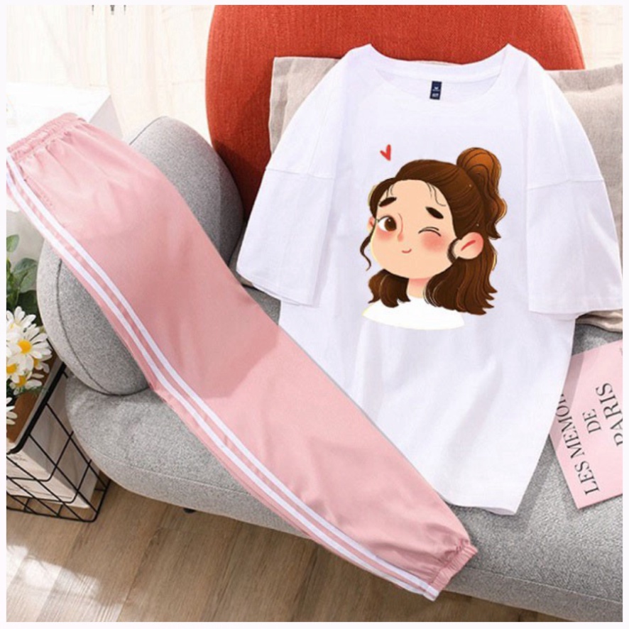 Sét áo phông cô gái nháy mắt tim + quần 2 sọc chun gấu HARIQUEEN