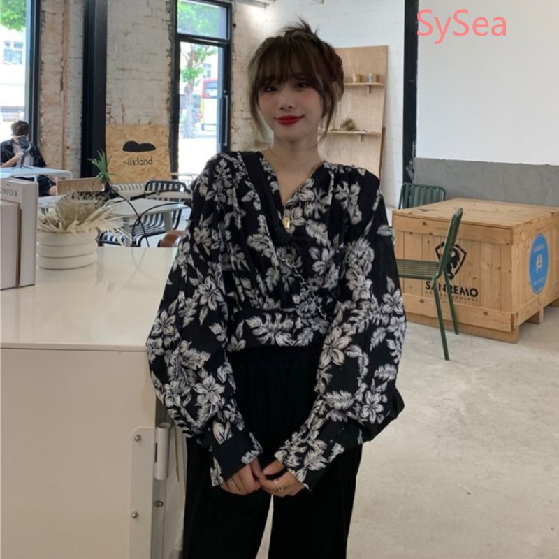 Áo Sơ Mi Tay Dài Cổ Chữ V Họa Tiết Hoa Phong Cách Retro