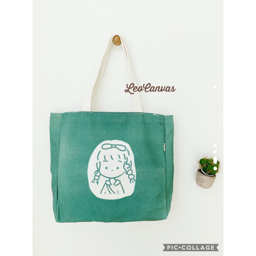 Túi Tote Túi Vải Leo Canvas Cô Gái Xanh Rêu