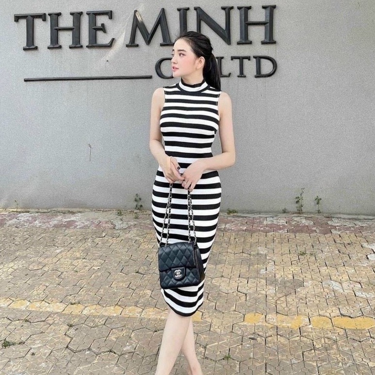 Đầm cổ 3p sát nách ôm body phối màu sọc ngang cực hot , chất thun gân dày dặn mk